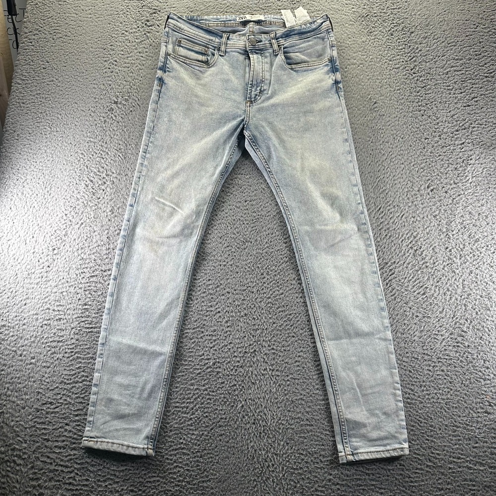 Zara Jeans Mens 32x30 Blue Cotton Denim Skinny Leg Workwear Stretch Travel Faded